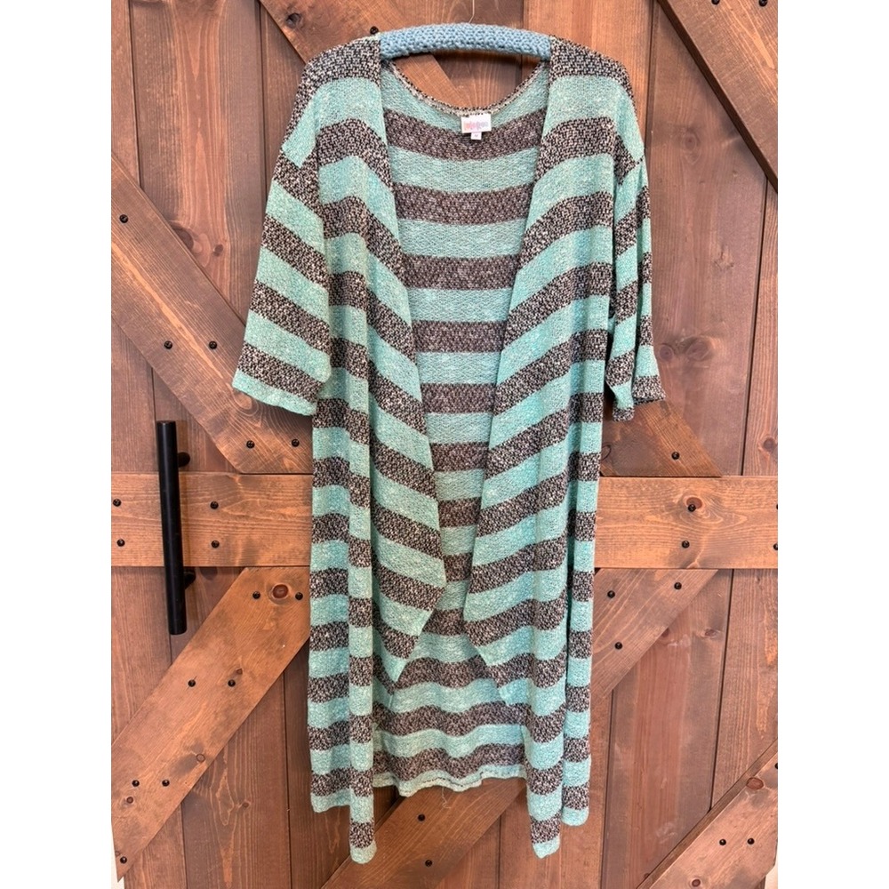 LuLaRoe Lindsay Kimono Women Medium Mint Grey Good Striped Open Front Cardigan